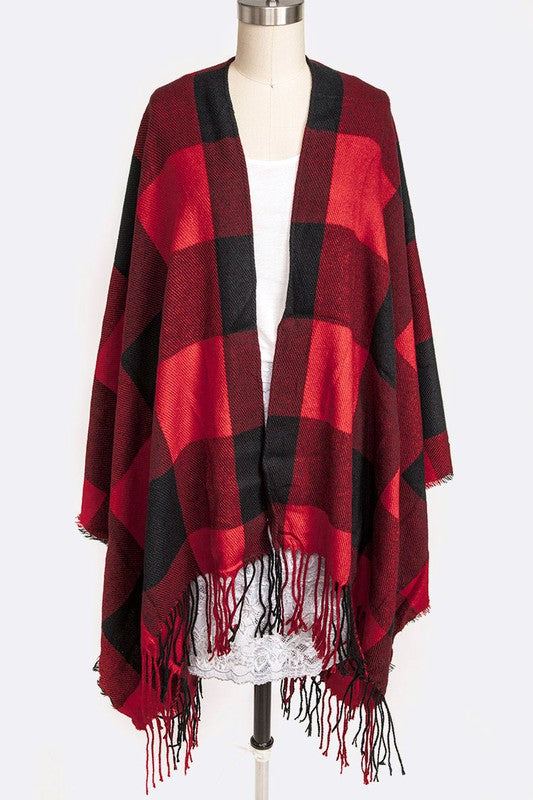 Women's Plaid Fringe Acrylic Poncho Scarf