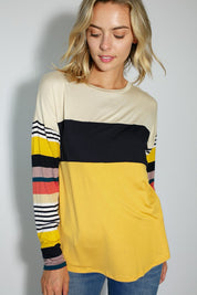 Women's Casual Stripe and Solid Mixed Round Neck Long Sleeve Top