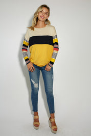 Women's Casual Stripe and Solid Mixed Round Neck Long Sleeve Top