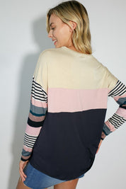 Women's Casual Stripe and Solid Mixed Round Neck Long Sleeve Top