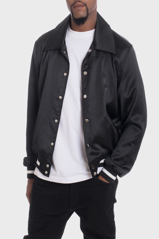 Men's Casual Satin Bomber Jacket with Patches