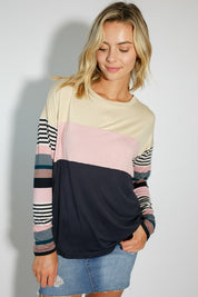 Women's Casual Stripe and Solid Mixed Round Neck Long Sleeve Top