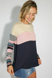 Women's Casual Stripe and Solid Mixed Round Neck Long Sleeve Top