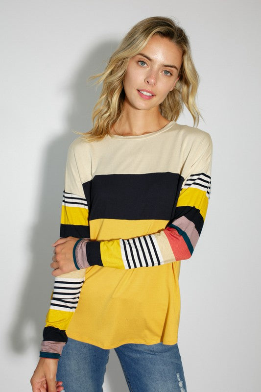 Women's Casual Stripe and Solid Mixed Round Neck Long Sleeve Top