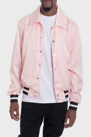 Men's Casual Satin Bomber Jacket with Patches