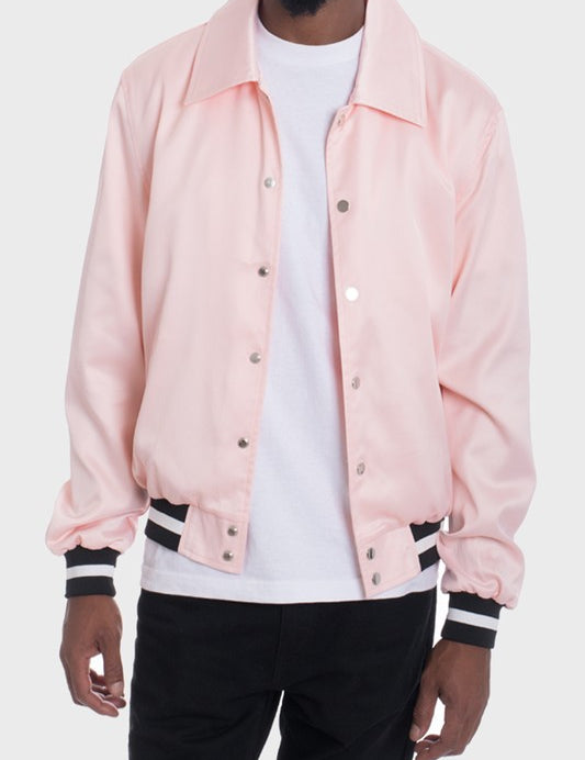 Men's Casual Satin Bomber Jacket with Patches