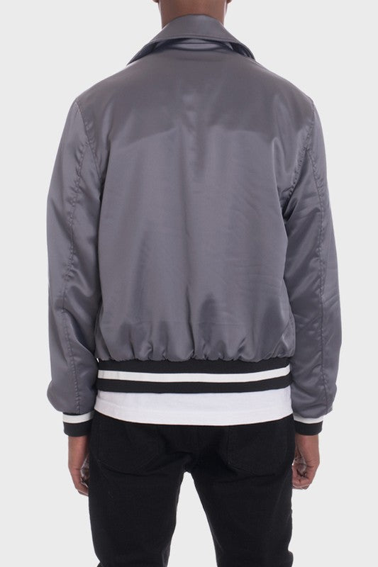 Men's Casual Satin Bomber Jacket with Patches