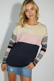 Women's Casual Stripe and Solid Mixed Round Neck Long Sleeve Top