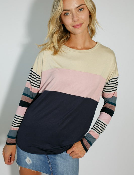 Women's Casual Stripe and Solid Mixed Round Neck Long Sleeve Top