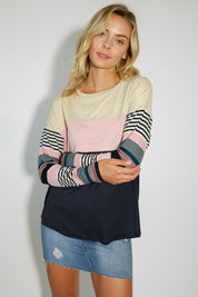 Women's Casual Stripe and Solid Mixed Round Neck Long Sleeve Top