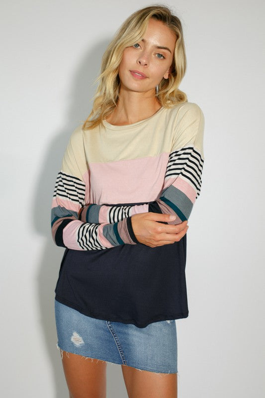 Women's Casual Stripe and Solid Mixed Round Neck Long Sleeve Top