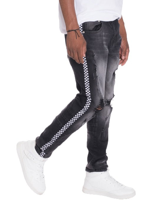 Women's Distressed Checkered Tape Skinny Denim Pants