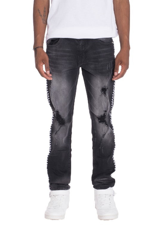 Women's Distressed Checkered Tape Skinny Denim Pants