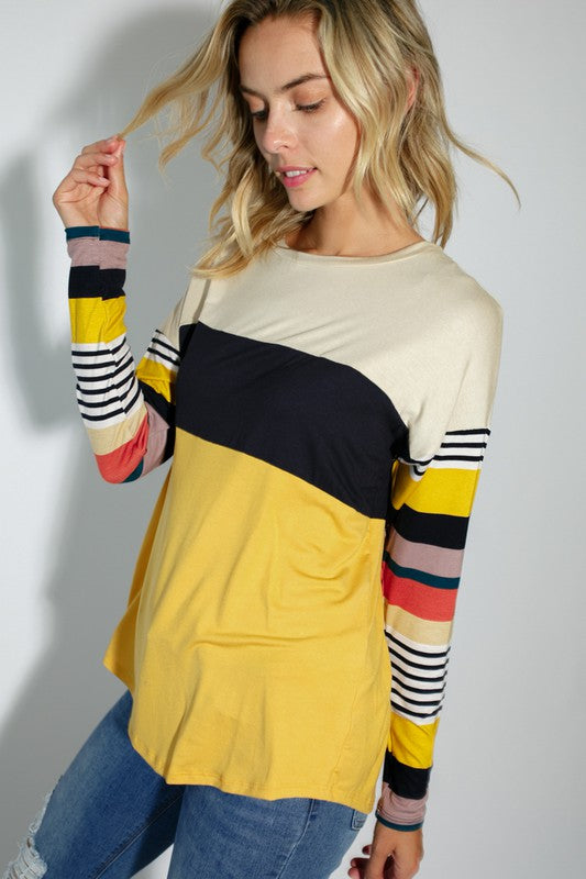 Women's Casual Stripe and Solid Mixed Round Neck Long Sleeve Top