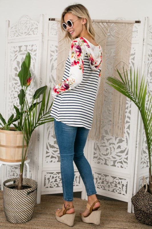 Women's Casual Stripe Floral Print Hoodie Plus Top