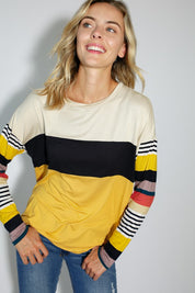 Women's Casual Stripe and Solid Mixed Round Neck Long Sleeve Top