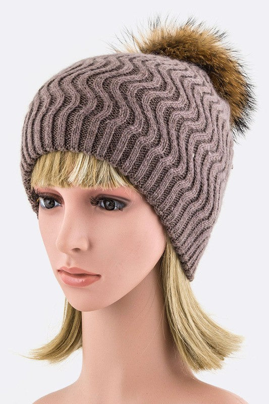 Women's Chevron Knit Beanie with Detachable Raccoon Fur PomPom