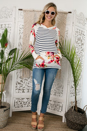 Women's Casual Stripe Floral Print Hoodie Plus Top