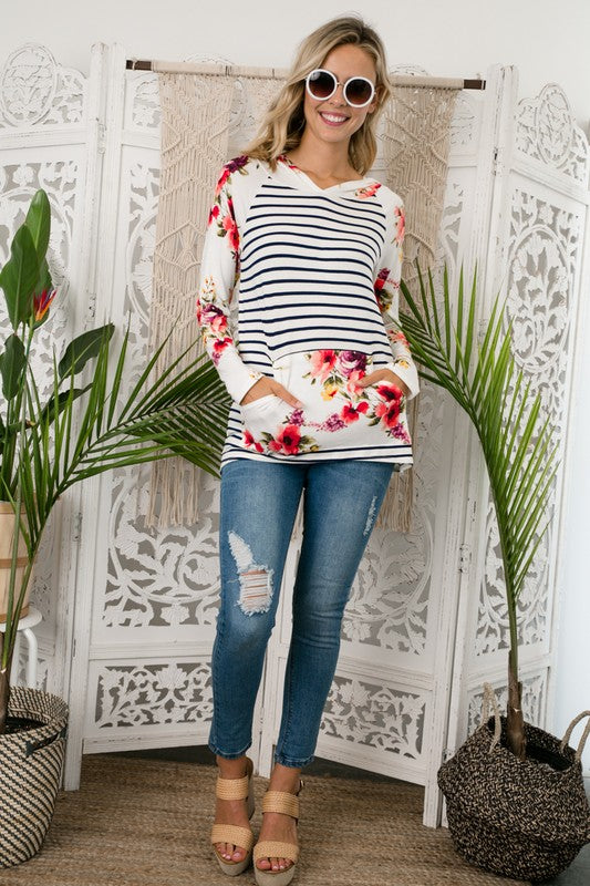 Women's Casual Stripe Floral Print Hoodie Plus Top