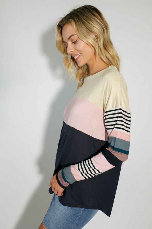 Women's Casual Stripe and Solid Mixed Round Neck Long Sleeve Top