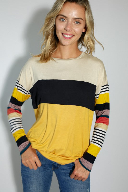 Women's Casual Stripe and Solid Mixed Round Neck Long Sleeve Top