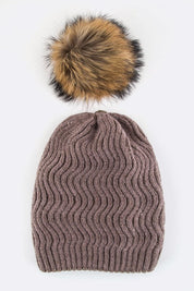 Women's Chevron Knit Beanie with Detachable Raccoon Fur PomPom