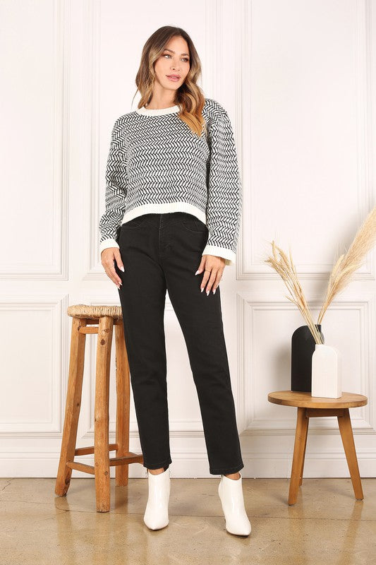 Women's Casual Herringbone Pattern Crew Neck Sweater