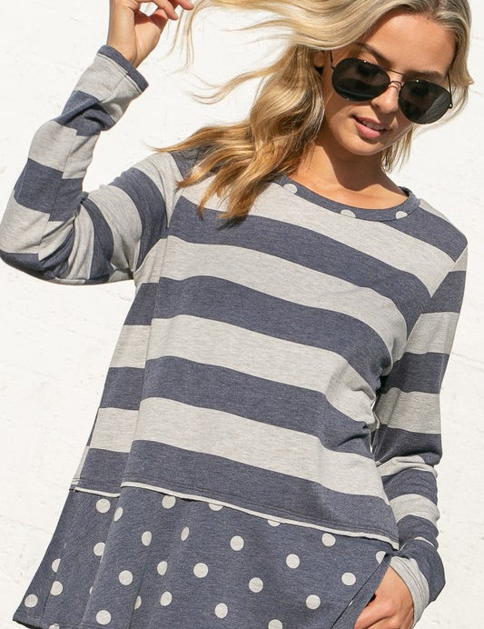 Plus Size Casual Polka Dot & Stripe Mixed Top