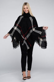 Women's Stretch Plaid Turtleneck Knit Poncho