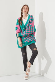 Women's Checkered Oversized Sweater with Button Closure