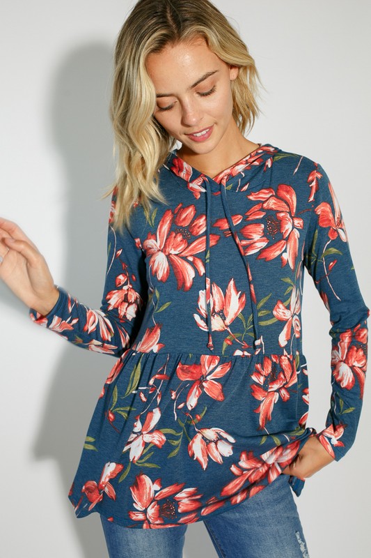 Women's Floral Print Jersey Babydoll Hoodie Casual Top