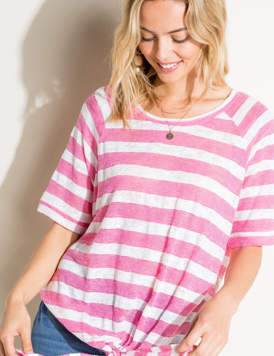 Women's Striped Loose Fit Short Sleeve Round Neck Top with Front Tie Bottom