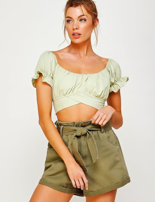 Women's Pleated Off Shoulder Crop Top with Back Ribbon Tie