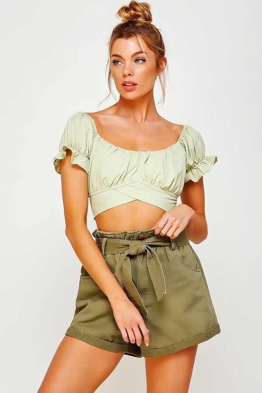 Women's Pleated Off Shoulder Crop Top with Back Ribbon Tie