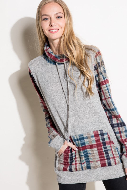 Women's Casual Plaid Mixed Turtle Neck Sweatshirt