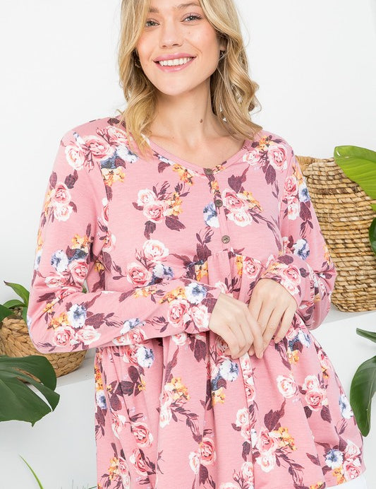 Women's Floral Babydoll Top - Loose Fit V Neck Long Sleeve