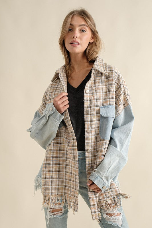 Women's Oversized Tweed Denim Shacket with Fringed Hem