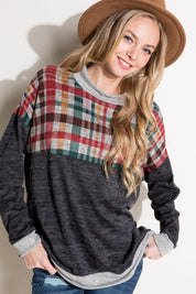 Plus Size Women's Casual Plaid Mock Neck Long Sleeve Top