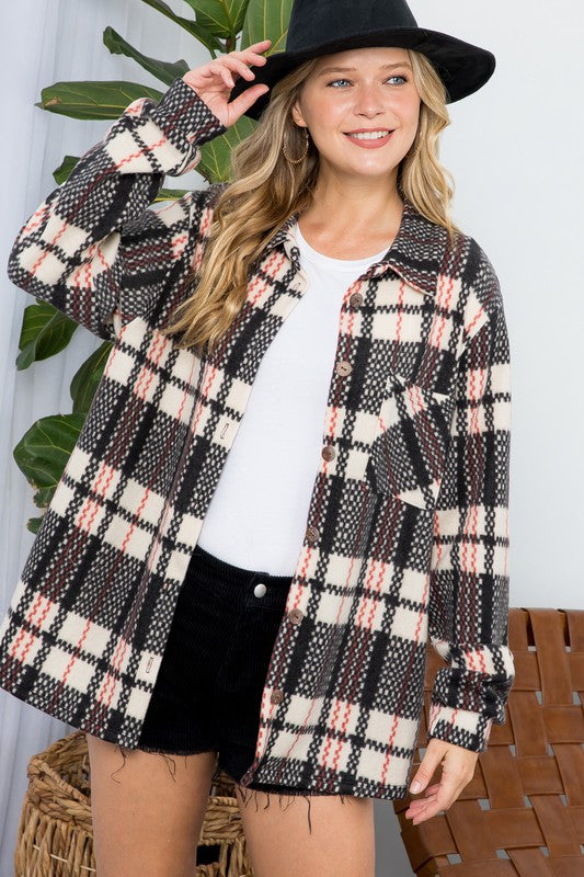 Women's Oversized Fuzzy Plaid Flannel Button Down Shacket