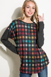 Women's Loose Fit Plaid Mixed Long Sleeve Top