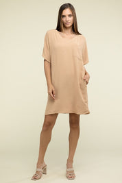 Women's Casual Relaxed V-Neck T-Shirt Dress with Pockets