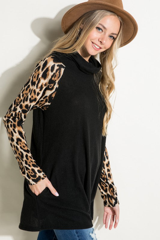 Women's Brushed Hacci Cheetah Print and Solid Mixed Turtle Neck Tunic Top