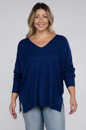 Women's Plus Oversized V-Neck Garment Dyed Sweater