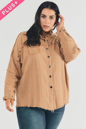 Plus Size Oversized Distressed Hem Button-Down Shirt