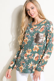 Women's Floral Sequence Pocket Round Neck Plus Top