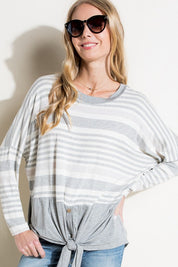 Women's Loose Fit Stripe and Solid Long Sleeve Top