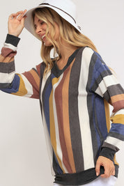 Women's Loose Fit Wide V Neck Stripe Sweatshirt