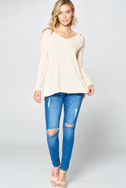 Women's Casual Loose Fit V Neck Cold Shoulder Sweater