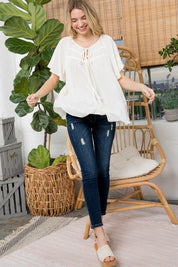 Women's Solid Bow Tie Peasant Top