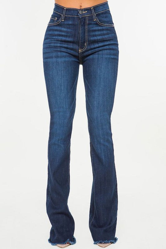 Women's High Rise Boot Cut Jeans with Frayed Hem